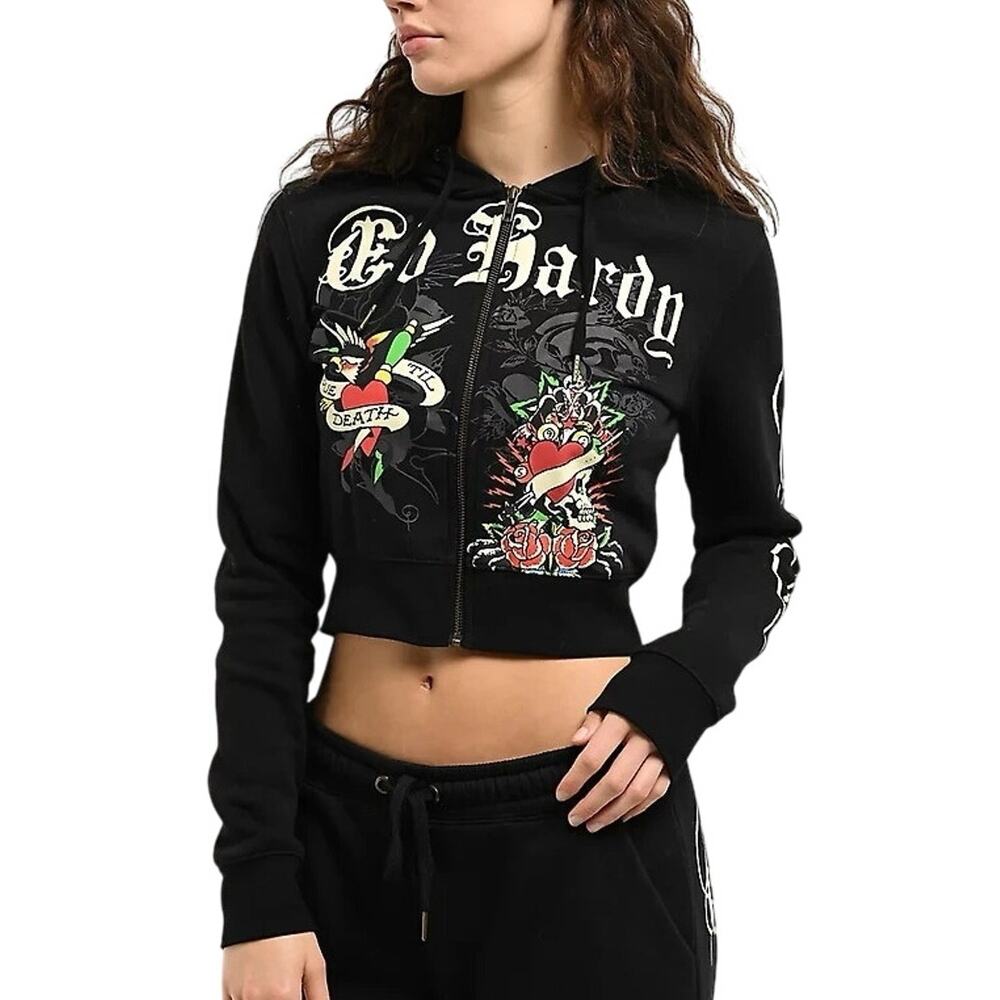 Ed Hardy Rose Skull Crop Zip Hoodie - S